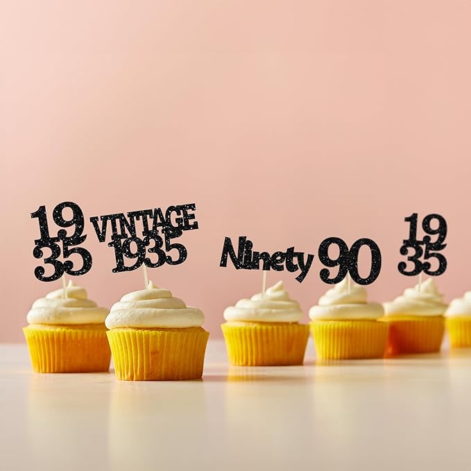 Gyufise 24Pcs Vintage 1935 Cupcake Toppers Glitter Cheers to 90 Fabulous Ninety Cupcake Picks 90th Birthday Wedding Anniversary Party Cake Decorations Supplies Black