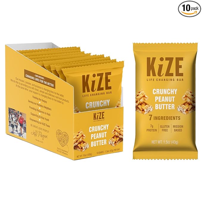 KiZE Energy Bars - Crunchy Peanut Butter - Gluten Free, Dairy Free, Non-GMO, and High Protein Meal Replacement Energy Bars, Clean and Simple Food Ingredients - 7g High Protein Snacks, (10 Count)