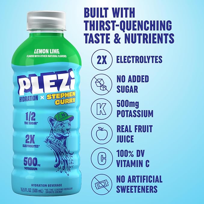 PLEZi Lemon Lime Hydration Drink x Stephen Curry - Sports Drinks with 2X Electrolytes - 500mg Potassium, Low Sugar, No Added Sugar - For Kids & Adults - 16.9 Fl Oz (12 Pack)