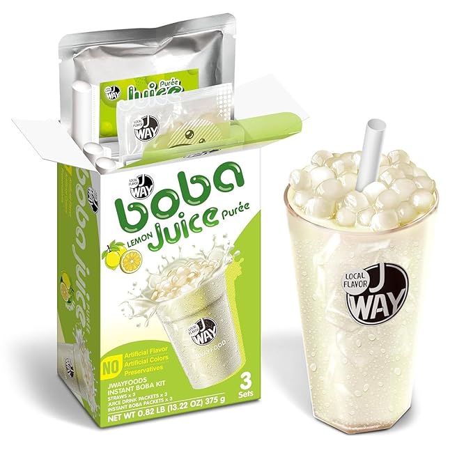 J WAY Instant Boba Bubble Pearl Lemon Juice Drinks Kit with Authentic Crystal Tapioca Boba, Ready in Under One Minute, Paper Straws Included, 3 Servings
