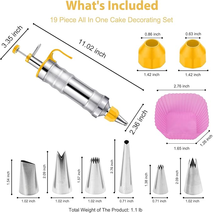19-Piece Cake Decorating Kit with 6 Stainless Steel Piping Tips, Reusable Frosting Gun, Icing Bags & Tools for Cakes, Cupcakes, Cookies, Bread – Professional Baking Supplies for Beginners & Experts