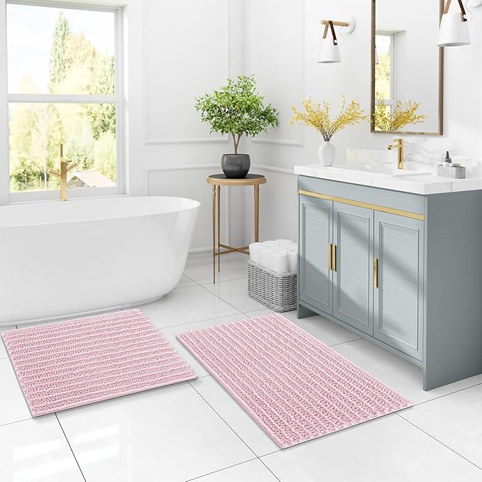 Arotive Luxury Chenille Bathroom Rug Mat, Extra Soft Thick Absorbent Shaggy Bath Rugs, Non-Slip Machine Wash Dry, Plush Bath Mats for Bathroom, Shower and Tub, 70x24, Pink