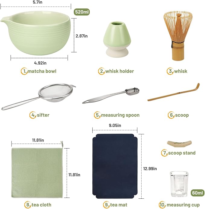 10-Pcs Matcha Kit Set, Whisk and Bowl with Spout & Measuring Spoon, Japanese Ceremony Matcha Tea Making Tools