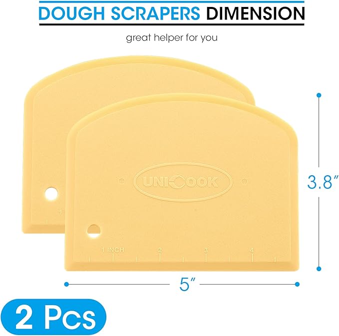 Unicook Dough Scraper, Flexible Bowl Scraper, Pastry Cutter with Measuring Scale, Nonslip Pizza Chopper, Multipurpose Baking Tool for Pizza/Dough/Cake, Easy to Clean, 2 Pack