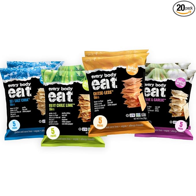 Every Body Eat Snack Thins, Gluten & Dairy Free, Vegan, School Safe Lunch Snacks, Variety Pack (20 Single Serve Bags, 1.1oz)