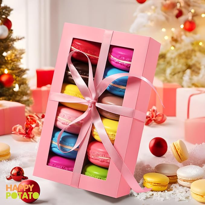 HAPPY POTATO 15 Pack Macaron Boxes for 12, 7.2×4×1.9 Inches, Macarons Packaging Boxes, Pink Macaron Gift Box with Window