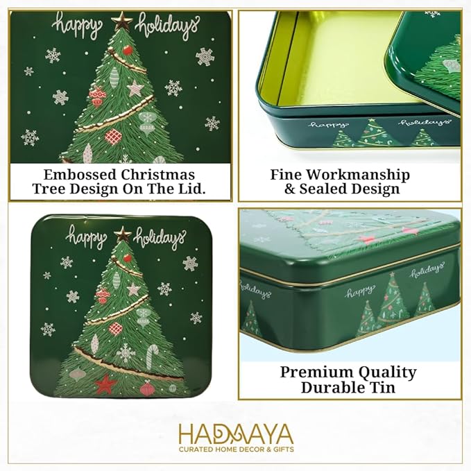 Metal Christmas Cookie Tins with Lids, 6 Pack Green Square Holiday Storage Containers, Durable & Stylish Storage Solution For Gift Giving, Cake, Candy & More