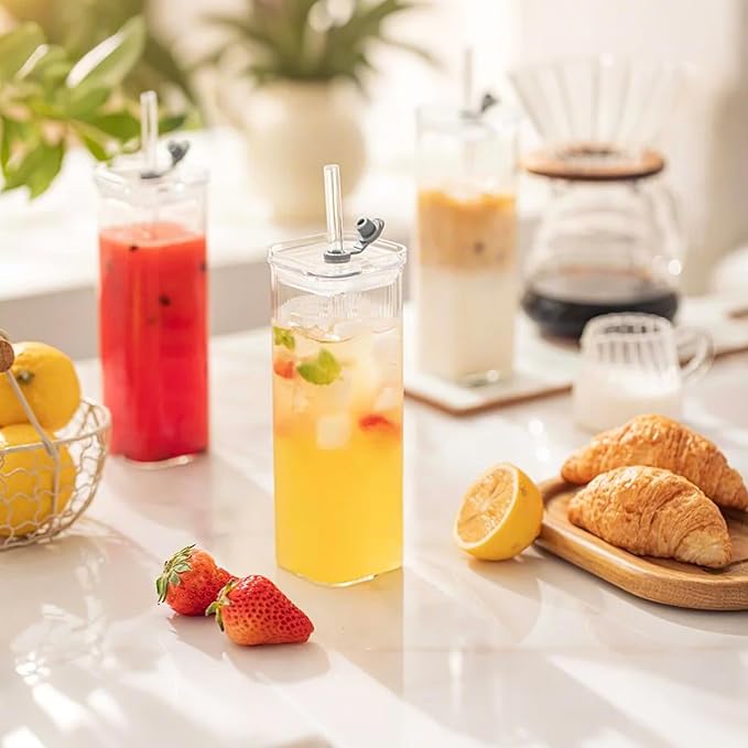 12 Sets Square Drinking Glass Cups with Lids & Straws, 17 Oz Clear Highball Glasses for Cocktail, Iced Coffee, Juice, Beer - Modern Glass Tumblers