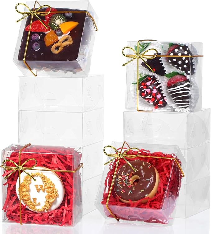 RomanticBaking 25PCS 5x5x2 Inches Full Clear Cookies & Cake Boxes - Strawberries, Chocolate, Cinnamon Roll & Mini Cake Boxes