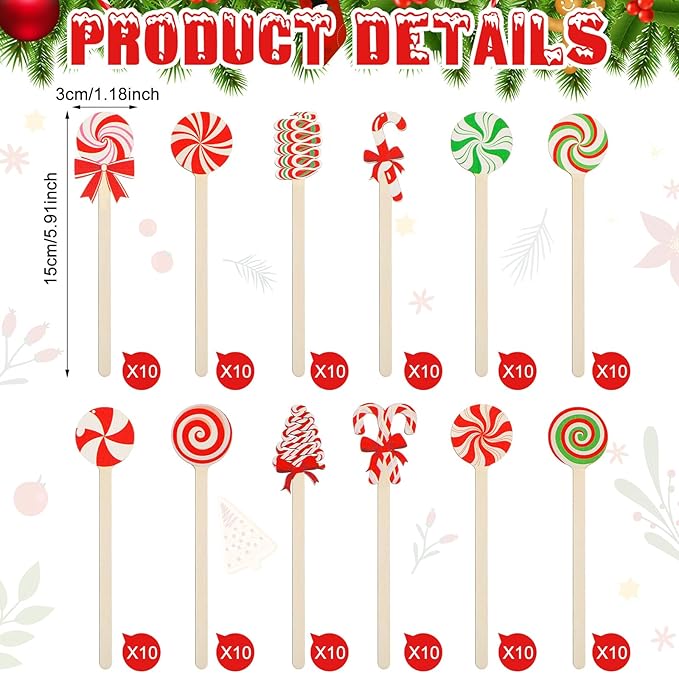Jinei 120 Pcs Christmas Wooden Coffee Stirrers Wood Cocktail Coffee Stir Sticks Disposable Drink Stirrers for Stirring Hot Chocolate Milkshake Restaurant Home Office (Candy Style)