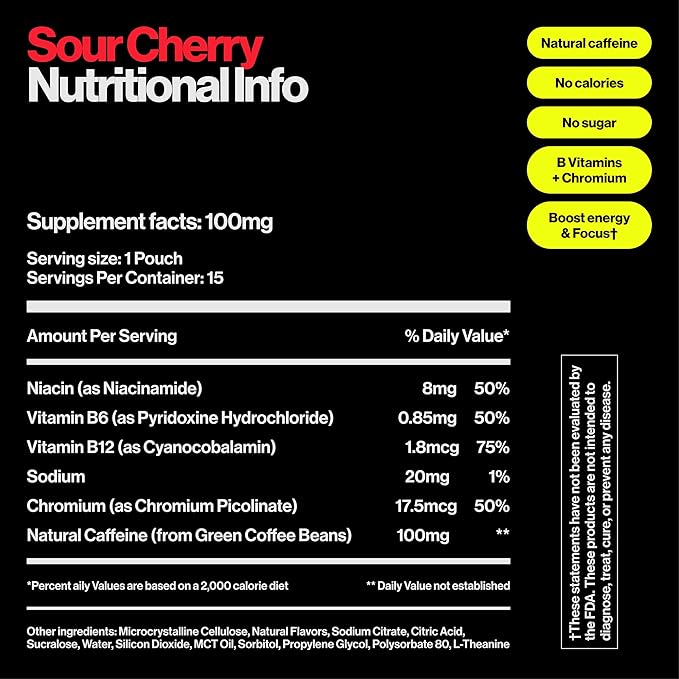 Wip Energy Pouches | 100mg Natural Caffeine | Vitamins and Minerals | Sour Cherry | 15 Pouches Per Can | 1 Can