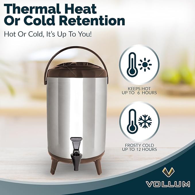 Stainless Steel Insulated Beverage Dispenser – Insulated Thermal Hot and Cold Coffee Carafe – 8 Liter Drink Dispenser with Spigot for Hot Water, Tea & Coffee, Cold Milk, Juice & More BROWN…