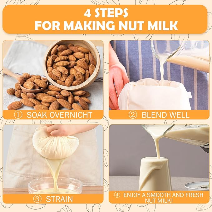 10 Pack Nut Milk Bag, 8‘’ x 10‘’Fine Mesh Grade Reusable Cheesecloth Bags Strainers, Unbleached Organic Cotton Filter Bags for Almond Milk, Juices, ColdBrew, Cheese, Tea, Yogurt, Coffee