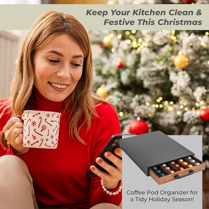 Coffee Pod Holder Compatible with Nespresso OriginalLine Capsules – 50-Pod Acacia Wood Drawer Organizer with Anti-Slip Base – Space-Saving Coffee Capsule Storage for Espresso Stations & Countertops