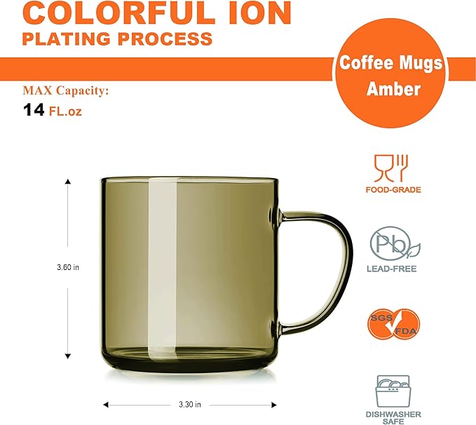 LUXU 4pcs Set Simple Glass Coffee Mugs-Hand Blown&Seamless Design,14 oz Amber Coffee Cups-Heat Resistant and Explosion-Proof,Lightweight Tea Mugs with Anti Scald Handle Ideal for Home,Cafe,Coffee Bar