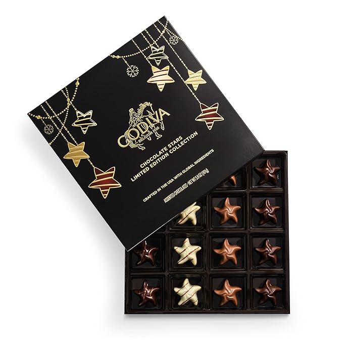 Godiva Holiday Stars Collection Gift Box, Festive Star-Shaped Chocolates with Ganache, Caramel & Raspberry Filling, Limited Edition Holiday Assortment, 16 Pc