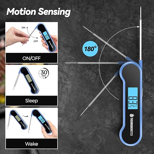 0.5 Sec Instant Read Meat Thermometer Digital with ±0.5℉ Precision, 100% Waterproof Auto Flip Bright LCD Screen, Motion Sensing Food Thermometer for Cooking Kitchen Oven Grill Candy BBQ, Blue