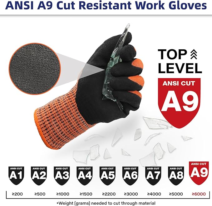 Schwer ProGuard Highest Level Cut Resistant Work Gloves PR3326 for Extreme Protection，ANSI A9 Cut Gloves with Reinforced Thumb, Non Slip, Breathable, Durable, Touch-screen, Non PFAS, Orange1 Pair（S）