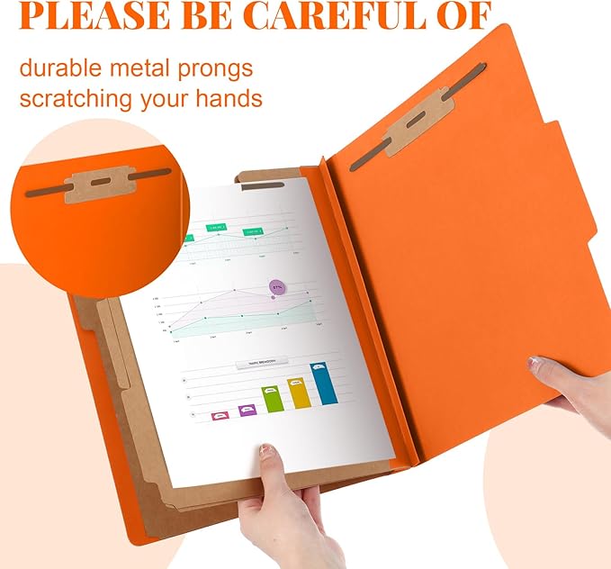 60 Pcs Classification Folders Letter Size, Back to School Supply for Teacher, Student, 3 Dividers Pressboard File Folder Bulk with 2 Fasteners, 3.5 Inch Expanding File Organizer (Orange)