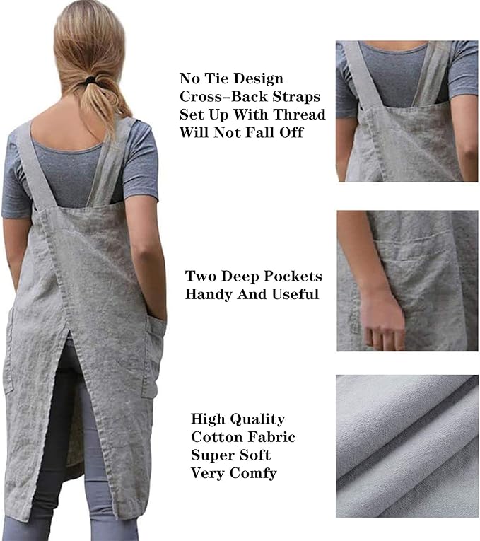 YESDOOD Apron for Womens Cotton Linen Apron Cross Back with Pockets Pinafore Dress for Baking Cooking