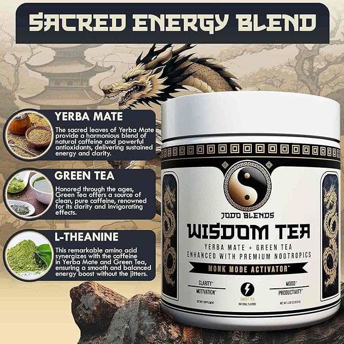 Yerba Mate Brain Tea Powder for Men - Daily Nootropic Drink for Clean Energy, Focus & Mood Support | Powered by Citicoline, L-Theanine, L-Tyrosine & Lion’s Mane | Wisdom Tea - Sweet Tea - 30 Servings