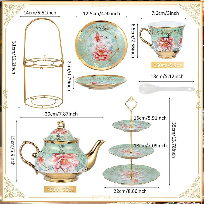 Maxcheck 21 Pcs Tea Party Set for Adults European Floral Tea Set with Metal Holder and 3 Tier Ceramic Cake Stand Porcelain Flower Cup Teapot for Dessert Cupcake(Fresh Style)