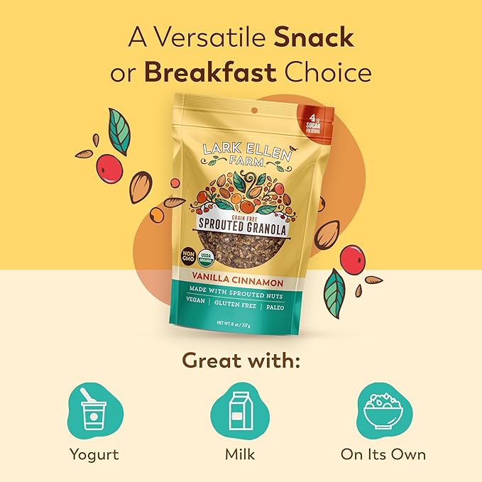 Lark Ellen Farm Vanilla Cinnamon Granola Clusters, Gluten Free, Vegan, Certified Organic, Low Sugar Healthy Snack for Cereal, Yogurt, or With Honey 8 oz - 3 Pack