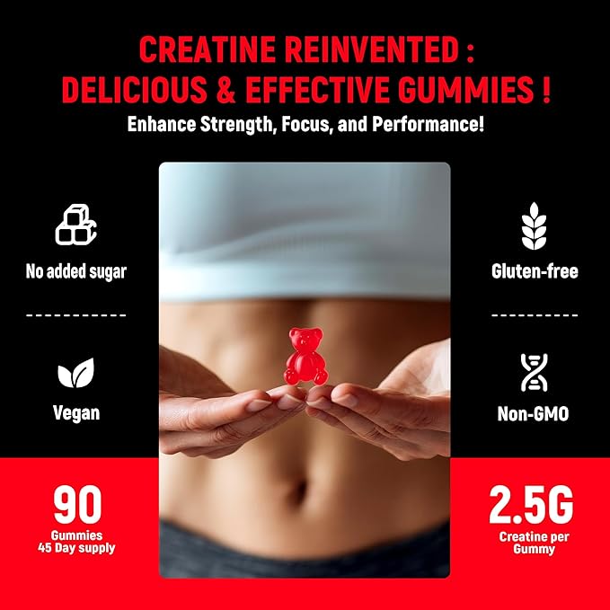 Creatine Monohydrate Gummies 5g for Men & Women - Boost Focus,Strength, and Endurance, Anti-Melting Formula, Vegan, Gluten-Free, Non-GMO, 2.5 Gram Creatine per Gummy (Strawberry 90 ct)