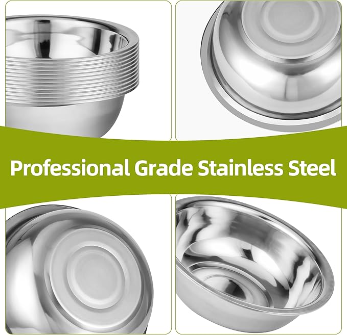 10 Pcs 11 x 3 Inch Stainless Steel Mixing Bowls for Bulk Food Prep with Nesting Design for Hotel Restaurant and Home Kitchen Cooking in Silver