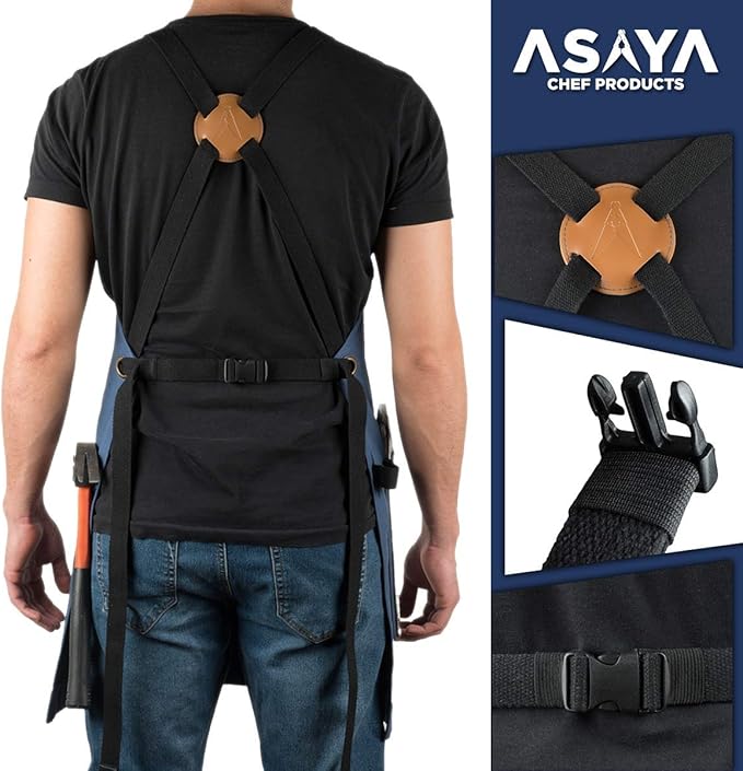 Asaya Chef and BBQ Apron with Bottle Opener and Hand Towel - 10oz Cotton Canvas, Stainless Steel Hardware - Cross Back Straps