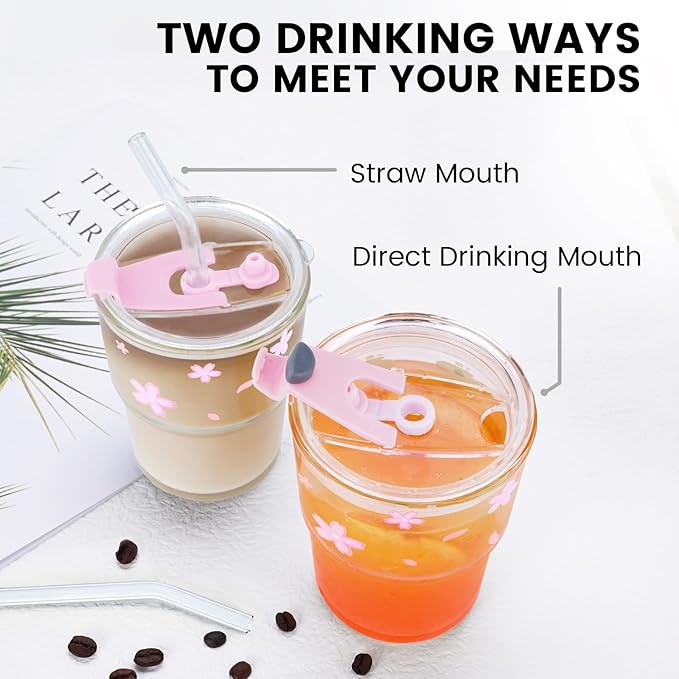 Iced Coffee Cup, 15Oz/450ml With Lids and Straws, Thick Wall Glass Mug for Tea Water, Cute Tumbler Gifts (Pink)