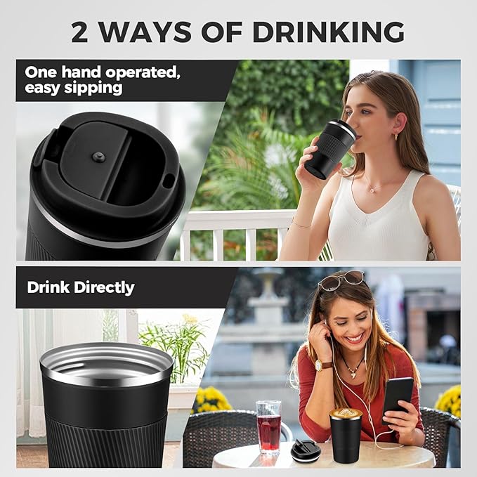 Volhoply 13 oz Stainless Steel Insulated Travel Coffee Mug with Fip Lid Bulk 2 Pack,Reusable Double Wall Vacuum Metal Coffee Cup,Portable Leak Proof Thermal Tumbler for Hot & Cold Drinks(Black,2)