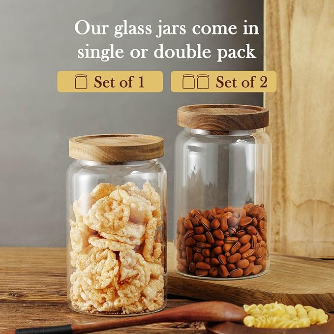 Labina Glass Storage Container Airtight Food Jars Kitchen Canister with Wood Lids, 33 Oz Wide Mouth Pantry Organization Glass Jar for Flour, Sugar, Cookie, Spagetti, Nuts and Candy