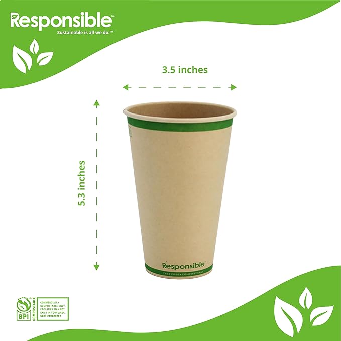 16 oz Paper Hot Cups, Tree-Less™ Compostable Paper Coffee Cups, Extra Strength, Tree-Free and Made Without PFAS, Natural Brown (1000 Count)
