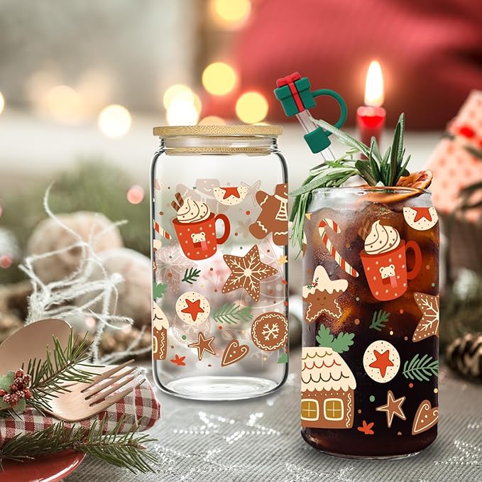 Christmas Glass, 16 Oz Winter Iced Coffee Glass with Straw and Lid, Festive Winter Theme, Perfect for Christmas and Holiday Celebration Decorations (One)