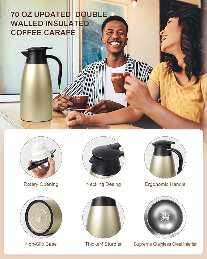 Updated 70 Oz Thermal Coffee Carafe, 2.1L nsulated Stainless Steel Coffee Carafes for Keeping Hot Coffee & Tea Hot Beverage-12Hours, Double Walled Vacuum Coffee Carafe (Gold)