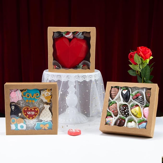 50pcs 8x8x2 Inches Brown Bakery Boxes with Window - Perfect for Cookies, Chocolate Covered Strawberries, Cakesicles & More