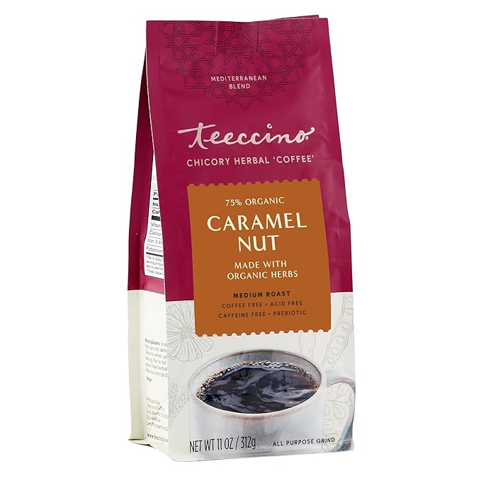 Teeccino Caramel Nut Chicory Coffee Alternative - Ground Herbal Coffee That’s Prebiotic, Caffeine Free & Acid Free, Medium Roast, 11 Ounce