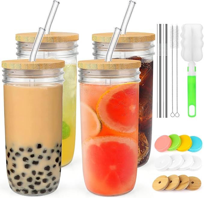 4-Pack 24oz Glass Cups with Lids and Straws - Wide Mouth Mason Jars, 12 Lids (Bamboo/Plastic) & 8 Straws - Reusable Tumblers for Smoothies, Iced Coffee