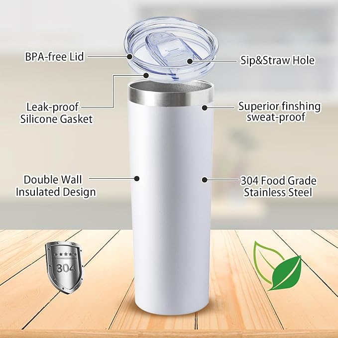 20 oz Skinny Tumblers with Lid and Straw,Stainless Steel Vacuum Insulated Tumbler Cup Double Wall Travel Coffee Mug, Thermal Water Tumbler for Hot and Cold Drinks(White,4)