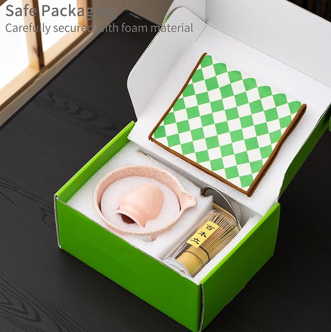 Premium 7-Piece Matcha Tea Set – Traditional Japanese Style with Elegant Grid Pattern, Includes Bamboo Whisk, Ceramic Bowl, Scoop & More – Perfect for Matcha Lovers & Tea Ceremony (Pink grid)
