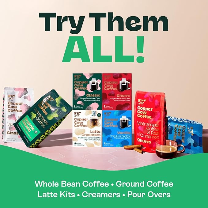 Copper Cow Premium Pour Over Single-Serve Vietnamese Coffee | Classic Black | Includes 8 coffees