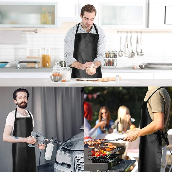 2 Pack Waterproof Rubber Vinyl Apron 40 Inch Chef Aprons for Men Heavy Duty Chemical Work Apron Extra Long Grilling Aprons with Adjustable Bib Apron for Dishwashing Lab Butcher Cooking Kitchen Black