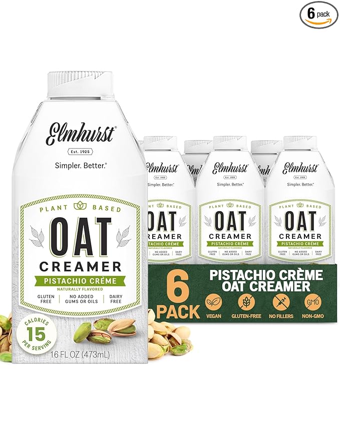 Elmhurst 1925 Pistachio Crème Oat Creamer - 16 Ounce (Pack of 6) Dairy-Free, Vegan, Kosher, Low Sugar, Shelf Stable Creamer Made with Oat Grains & Pistachios for Simpler Plant Based Alternatives
