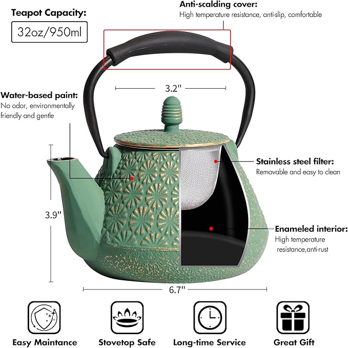 Cast Iron Teapot, 32oz Tea Kettle with Infuser for Stove Top, Sakura Blossom Pattern Japanese Tea Pot for Tea & Coffee Coated with Enameled Interior, Silicone Handle 950ml Green