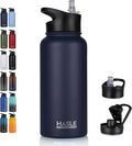HASLE OUTFITTERS 32 oz Insulated Water Bottle Stainless Steel Double Walled Vacuum Sports Water Bottle with 2 Lids (Straw and Spout Lid) for Gym Camping Hiking(Navy,1)