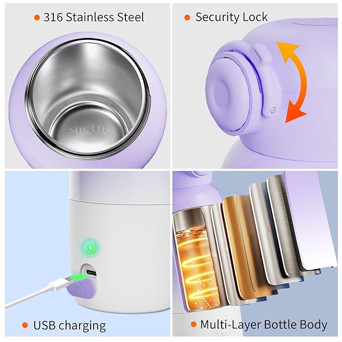 Portable Bottle Warmer for Travel, Large 12oz Capacity with Dual Heating Modes for Breast Milk & Water, Smart Temperature Control, Baby Bottle Warmer for Travel, Gifts for New Mom, Purple