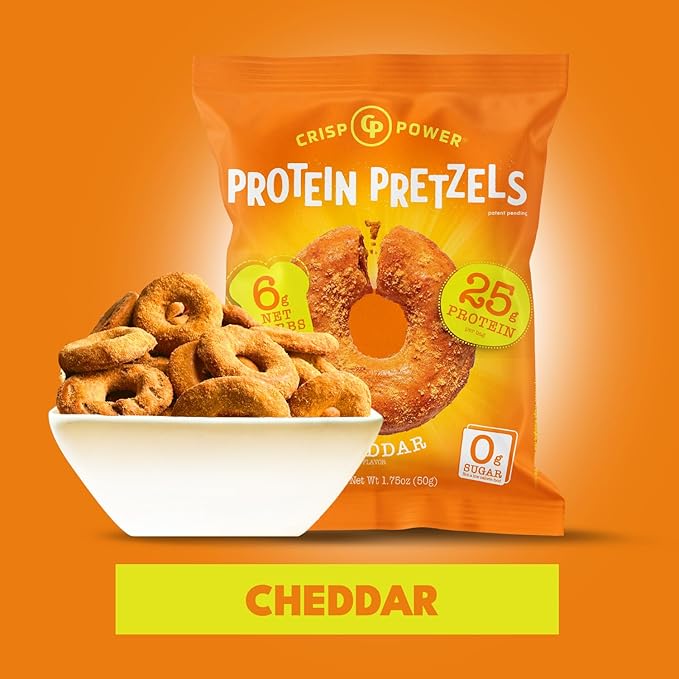 Crisp Power Protein Pretzels, NEW Cheddar, High Protein Vegan Keto Snack, 25 G Plant Based Protein, Low Carb Crunchy Pretzel Snacks, No Added Sugar, No Seed Oils, 1.75 oz Bags, 24 Pack