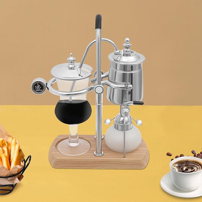 Belgian Luxury Royal Family Balance Syphon Coffee Maker Belgium Siphon Brewer Elegant Design Retro-Style Gravity Vintage Coffee Maker Vacuum Brewing System Copper (Silver)