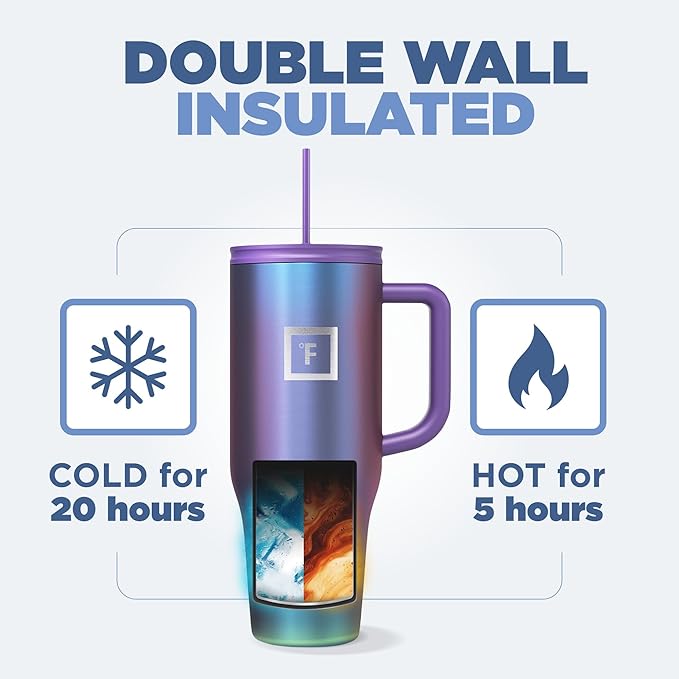 IRON °FLASK Co-Pilot Insulated Mug w/Straw & Flip Cap Lids - Cup Holder Bottle for Hot, Cold Drink - Leak-Proof - Water, Coffee Portable Travel Mug - Dark Rainbow, 40 Oz